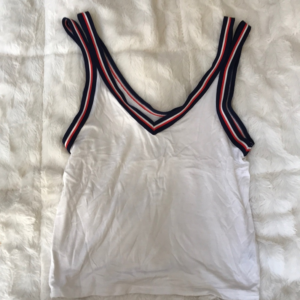 White tank top with red, white, and blue straps